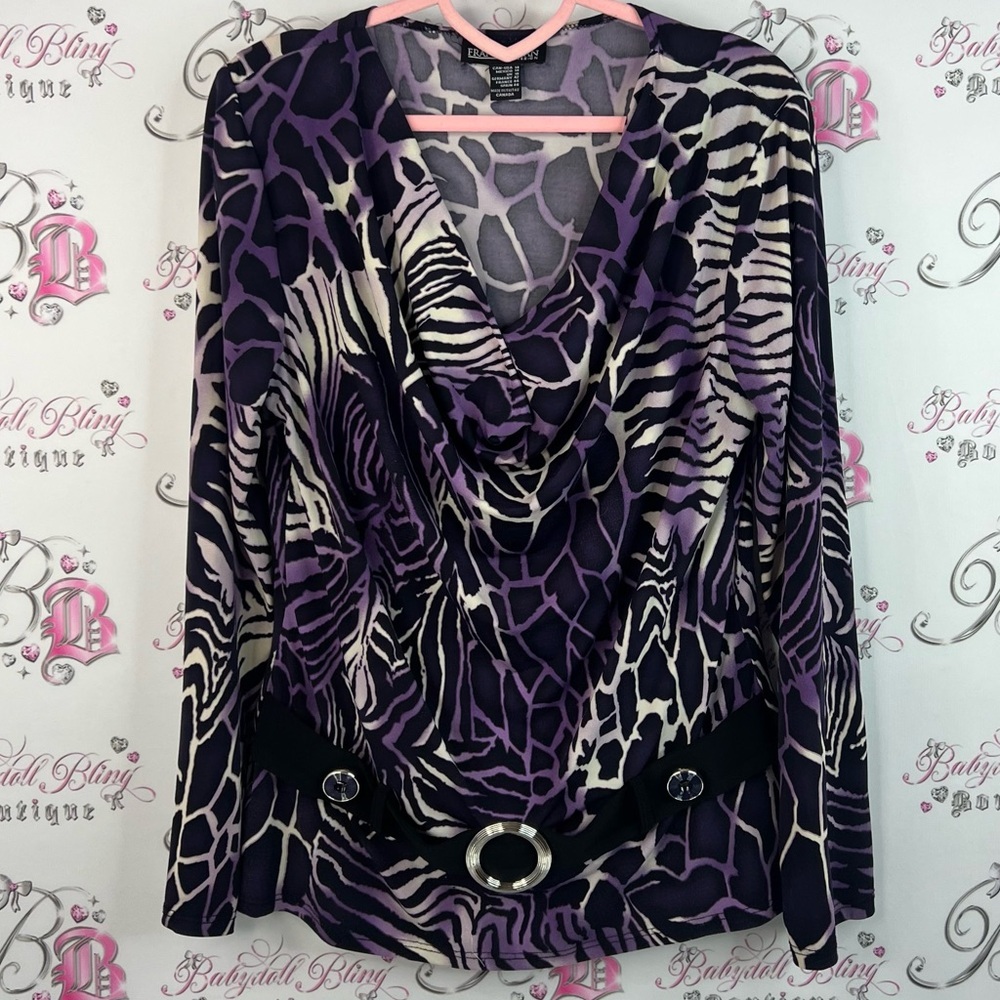 Frank Lyman belted zebra giraffe Design Purple and Black Animal Print Blouse